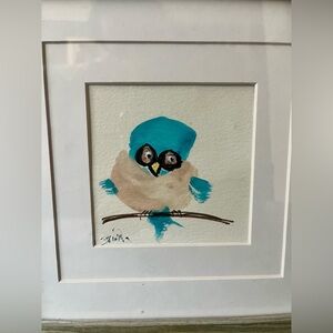 Whimsical Blue Bird Miniature Painting Signed Original Framed Watercolor Folk